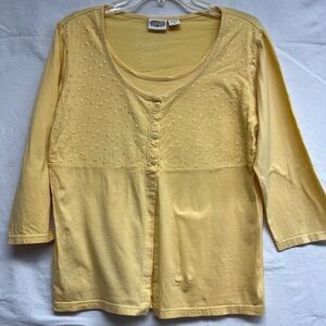 Vintage-Style Collections Etc. Yellow Henley Top Medium Eyelet Embroidery Boho
